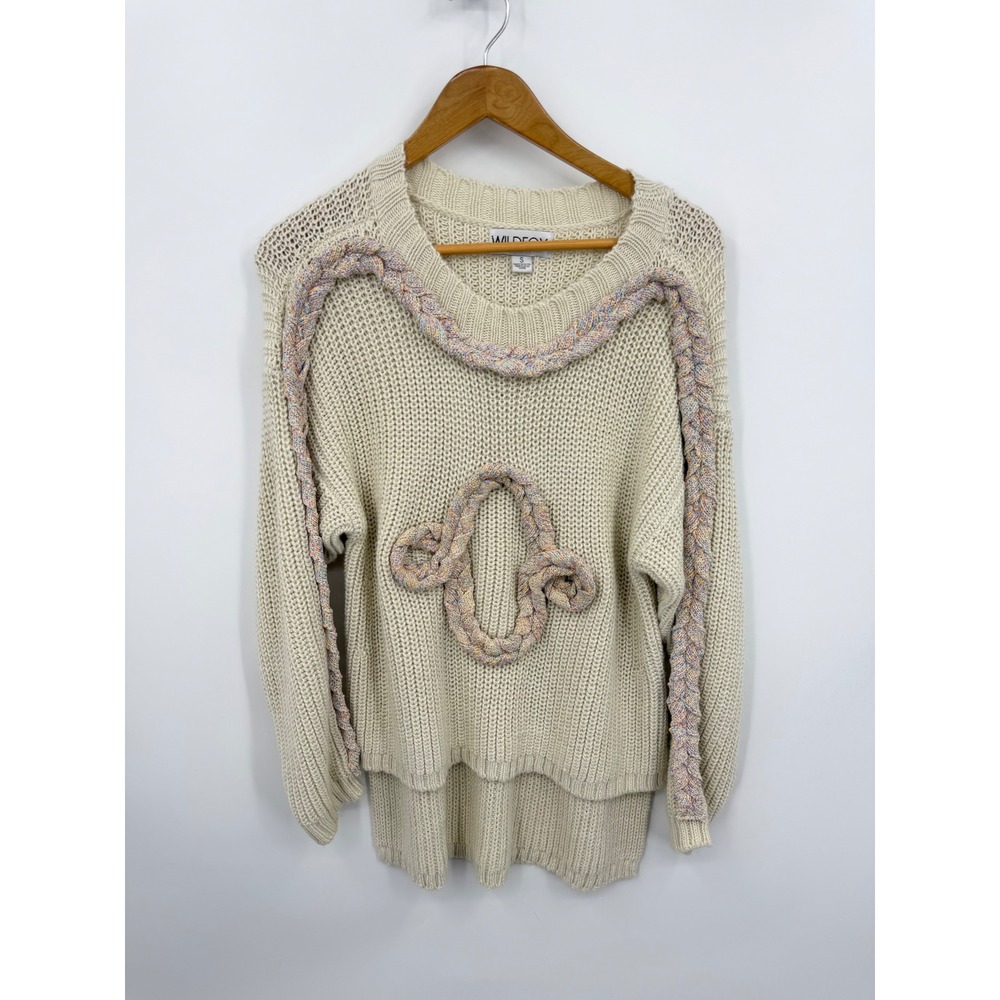 Wildfox‎ Braided Rope Applique Sweater Women S Cream Pastel High Low Wool Blend